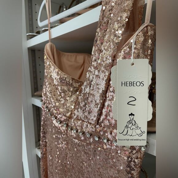 NWT Rose Gold One-Shoulder Sweep/Brush Train Beading Sequins Dresses - Picture 6 of 15